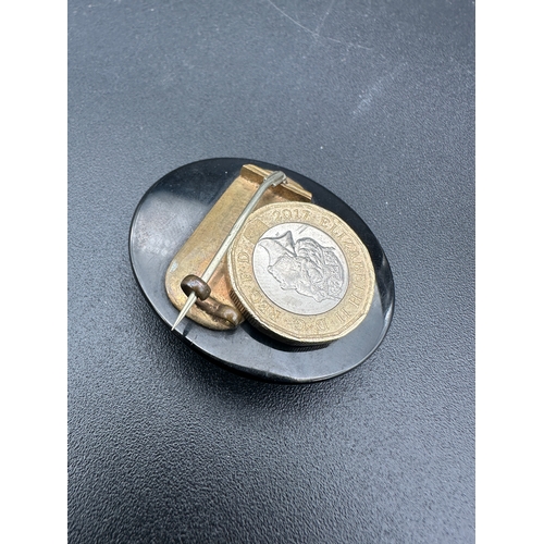 32 - Antique Whitby Jet and White Metal Brooch Locket with Old Photographs Inside...