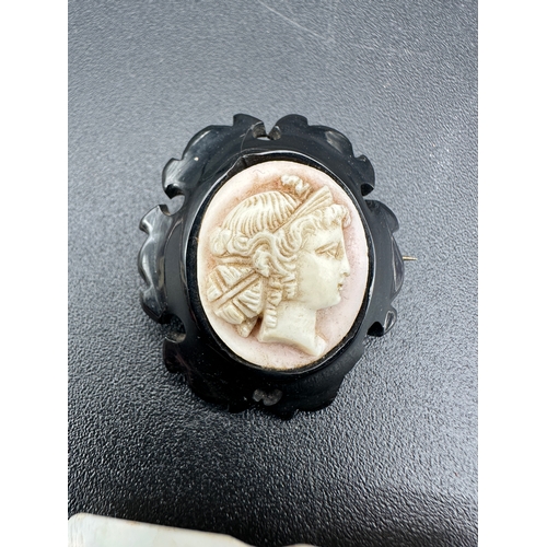 33 - Whitby Jet Mounted Cameo Brooch and Antique Mother of Pearl 'Mother' Brooch...