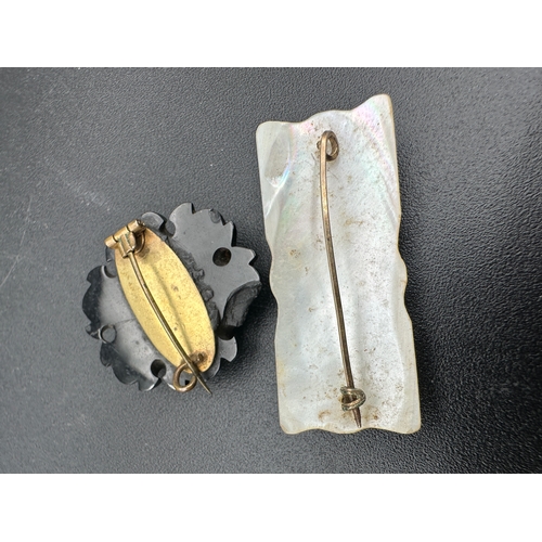 33 - Whitby Jet Mounted Cameo Brooch and Antique Mother of Pearl 'Mother' Brooch...