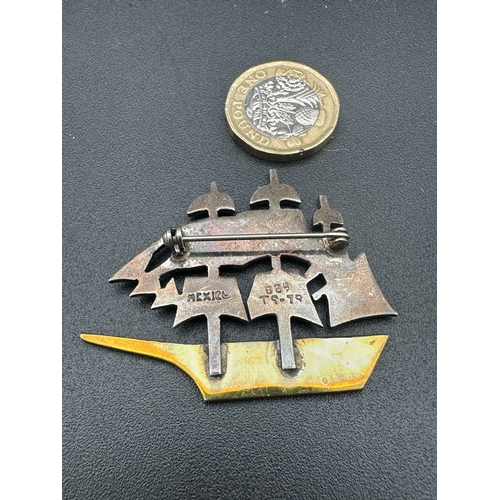 12 - Unusual Mecican Silver Galleon Ship Brooch Stamped Marks to Reverse. 16.1g...