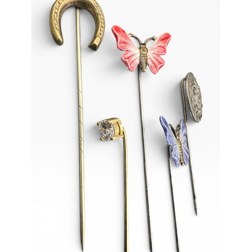 17 - Five Antique/Vintage Stickpins including Art Nouveau and Enamel Butterflies