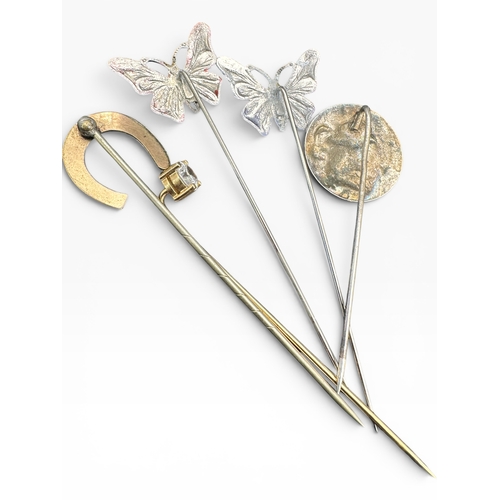 17 - Five Antique/Vintage Stickpins including Art Nouveau and Enamel Butterflies