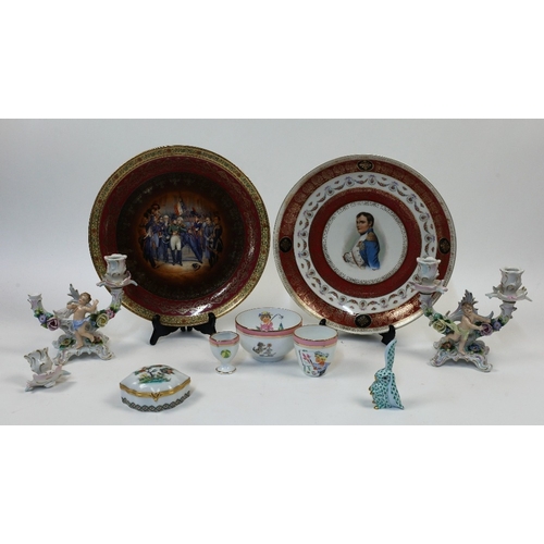 10 - A group of porcelain ornaments, late 19th - 20th centuries, comprising: a pair of Sitzendorf figural... 