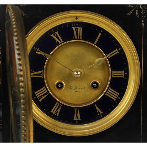 107 - A Victorian black slate clock garniture, the clock case of architectural form with scrolling volutes... 