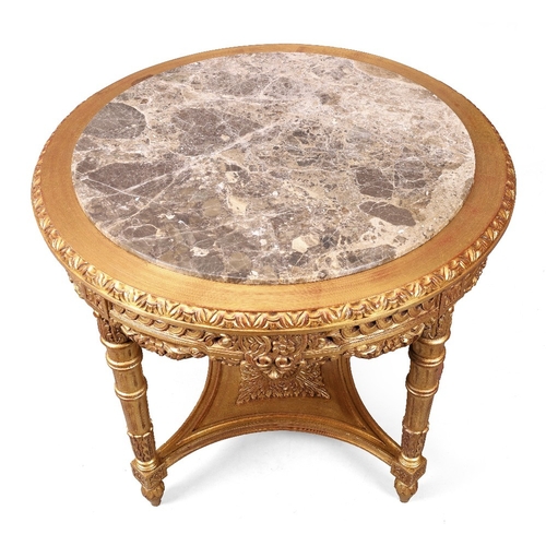 197 - A modern Italian circular giltwood centre table, of Louis XVI style, the marble top above scrolling ... 