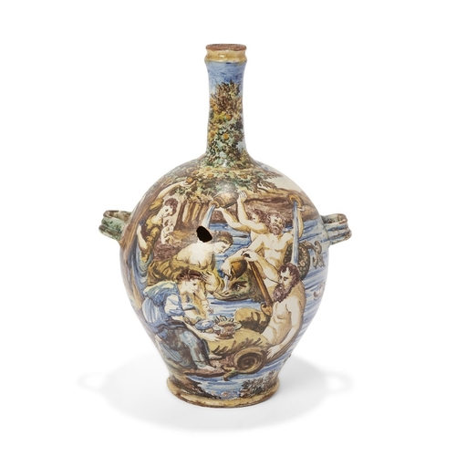 2 - A Continental tin-glazed earthenware two-handled istoriato bottle-vase, probably Italian, probably 1... 