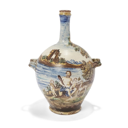 2 - A Continental tin-glazed earthenware two-handled istoriato bottle-vase, probably Italian, probably 1... 