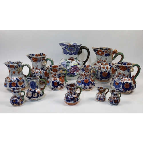 4 - A collection of twelve Mason's Ironstone octagonal 'Hydra' jugs, 19th century, printed marks, decora... 