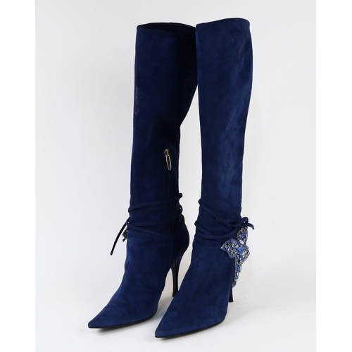 1005 - Sergio Rossi. A pair of blue knee-high suede boots with embellished butterfly crystal design at the ... 