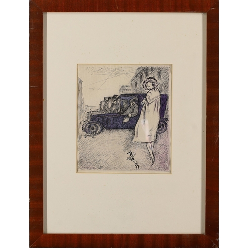 1035 - Hans Karl Schoellhorn, 
Swiss 1892-1983 - 

Elegant lady by a car; 

ink on paper, signed lower left... 