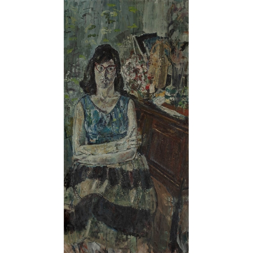 1063 - British Kitchen Sink school - 

Seated woman, c.1950s; 

oil on board, 122 x 61 cm 

Note:
board bea... 