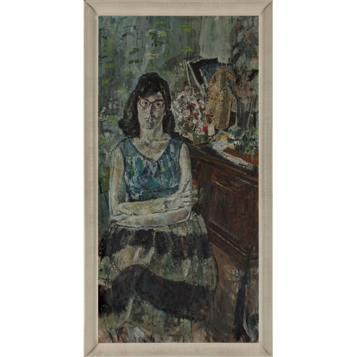 1063 - British Kitchen Sink school - 

Seated woman, c.1950s; 

oil on board, 122 x 61 cm 

Note:
board bea... 