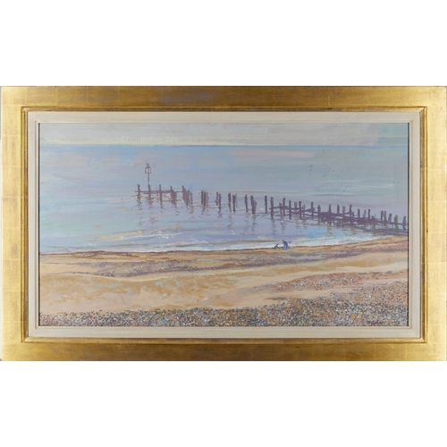 1112 - Jason Bowyer, 
British 1957-2019 - 

Quiet Sea, Southwold; 

oil on canvas, signed lower right 'J R ... 