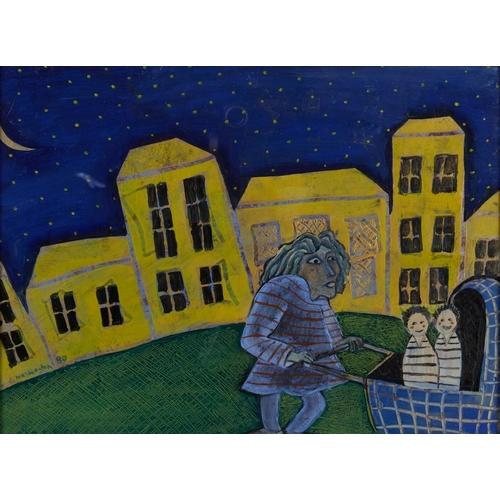 1116 - Celia Washington, 
British b.1959 - 

Mother and children on a walk at night, 1990; 

acrylic on pap... 