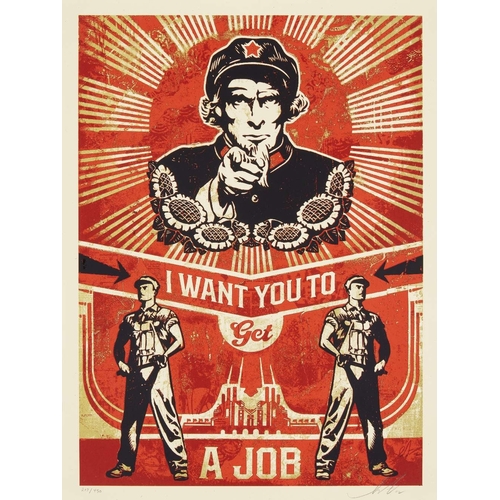 1293 - Shepard Fairey,
American b.1970-

I Want You to Get a Job, 2012; 

screenprint in colours on speckle... 