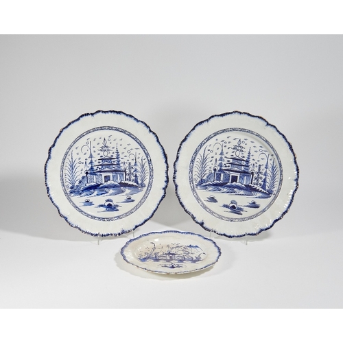 25 - Two English pearlware plates, late 18th / early 19th century, possibly Leeds, each with a blue feath... 