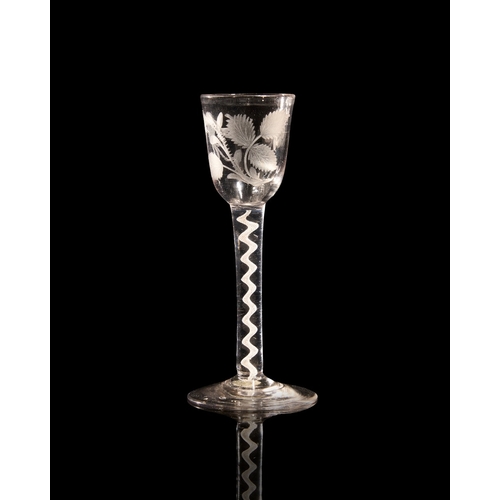 4 - A small Georgian wine glass of possible Jacobite significance, c.1760, the funnel bowl engraved with... 