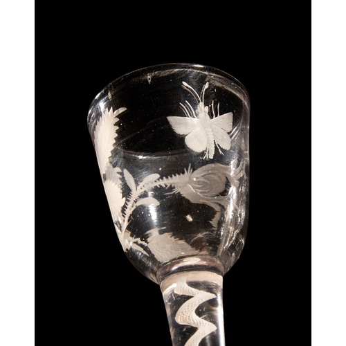 4 - A small Georgian wine glass of possible Jacobite significance, c.1760, the funnel bowl engraved with... 