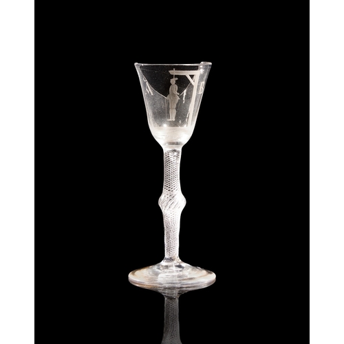5 - A George III wine glass commemorating Admiral Byng, c.1763, the round funnel bowl engraved with the ... 
