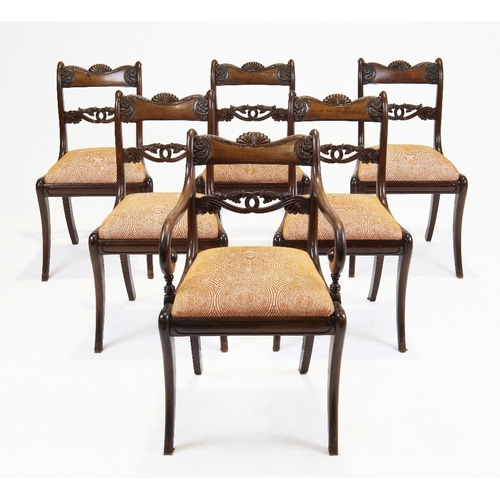 115 - A set of six Regency mahogany dining chairs, first quarter 19th century, to include one scroll armch... 