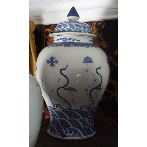 17 - PAIR OF LARGE BLUE AND WHITE TEMPLE JARS