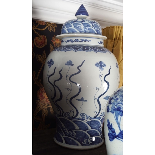 17 - PAIR OF LARGE BLUE AND WHITE TEMPLE JARS