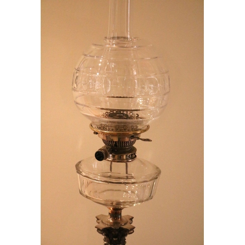 176 - 19TH-CENTURY SILVER PLATED AND CUT GLASS OIL LAMP