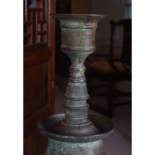 21 - PAIR OF CHINESE ARCHAISTIC BRONZE CANDLESTICKS