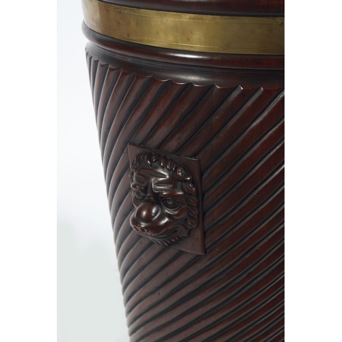 466 - LARGE IRISH MAHOGANY BRASS BOUND PEAT BUCKET