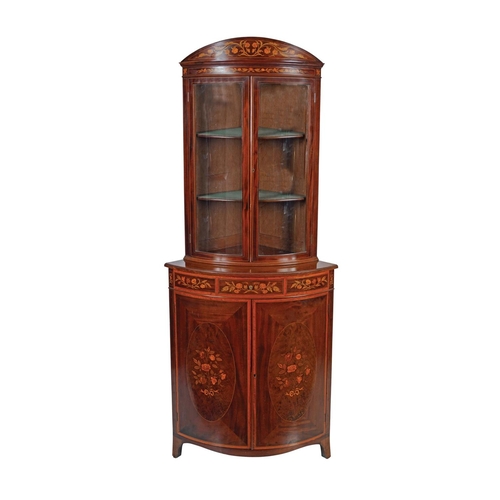 53 - MAHOGANY & MARQUETRY BOW FRONT CORNER CABINET