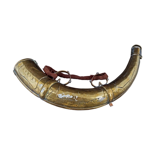 67 - PERSIAN BRASS & SILVER INLAID POWDER HORN