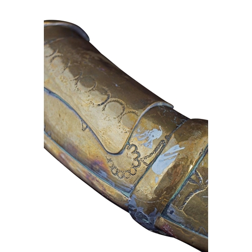 67 - PERSIAN BRASS & SILVER INLAID POWDER HORN