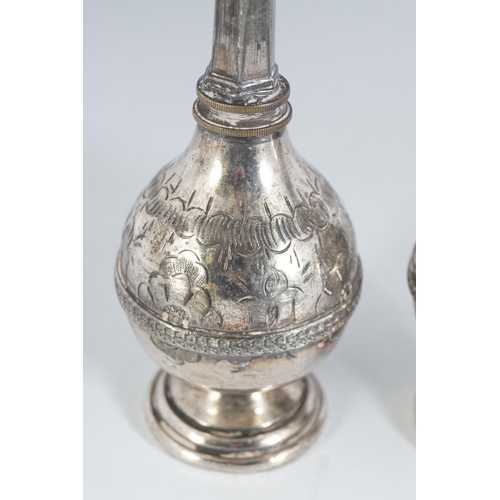 91 - PAIR OF ISLAMIC SILVER ROSE WATER BOTTLES