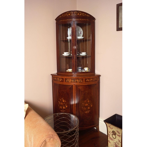 134 - MAHOGANY & MARQUETRY BOW FRONT CORNER CABINET