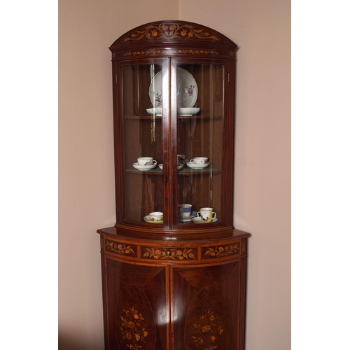 134 - MAHOGANY & MARQUETRY BOW FRONT CORNER CABINET