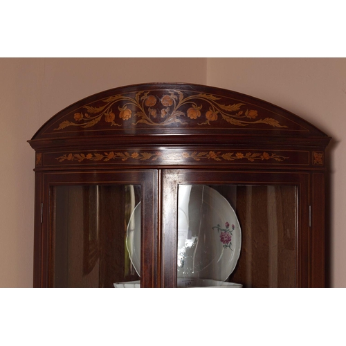 134 - MAHOGANY & MARQUETRY BOW FRONT CORNER CABINET
