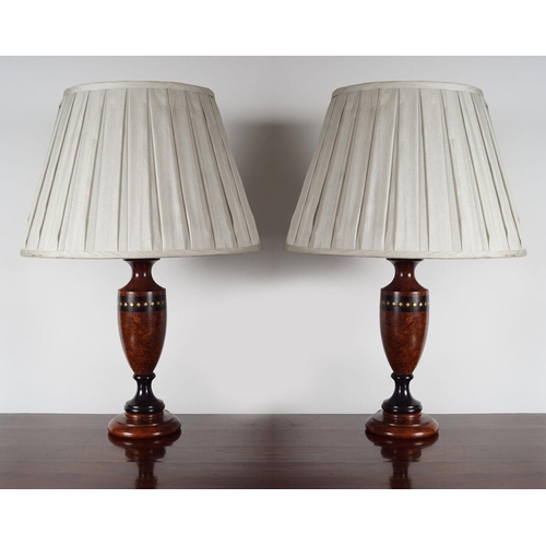 92 - PAIR OF WALNUT VASE STEMMED TABLE LAMPS