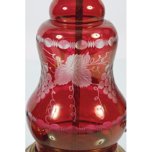 375 - PAIR OF BRASS AND RUBY GLASS STEMMED TABLE LAMPS