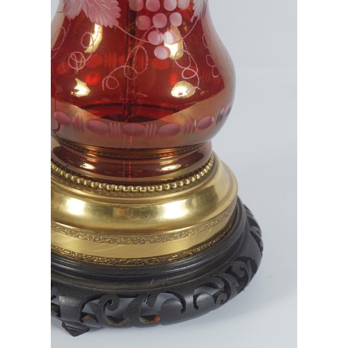 375 - PAIR OF BRASS AND RUBY GLASS STEMMED TABLE LAMPS