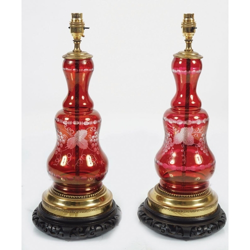 375 - PAIR OF BRASS AND RUBY GLASS STEMMED TABLE LAMPS