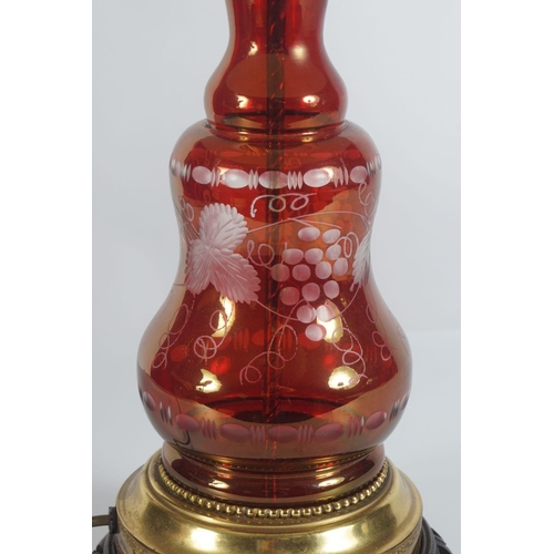 375 - PAIR OF BRASS AND RUBY GLASS STEMMED TABLE LAMPS