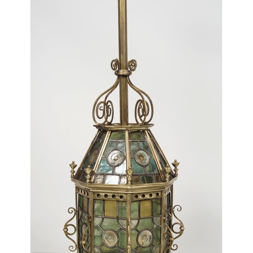 218 - LARGE 19TH-CENTURY BRASS & LEADED GLASS LANTERN