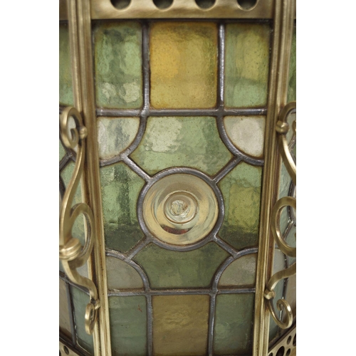 218 - LARGE 19TH-CENTURY BRASS & LEADED GLASS LANTERN