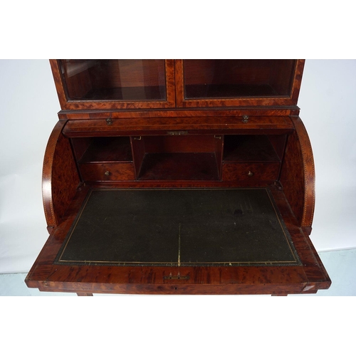 429 - 19TH-CENTURY AMBOYNA CYLINDER BUREAU BOOKCASE