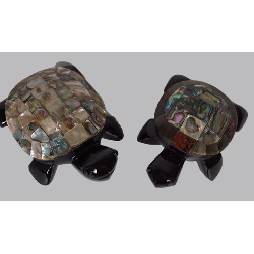 2035 - TWO OBSIDIAN AND ABALONE TURTLES