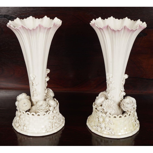 349 - PAIR 2ND PERIOD BELLEEK VASES