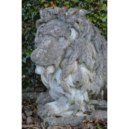 259 - PAIR OF LARGE MOULDED STONE LIONS.