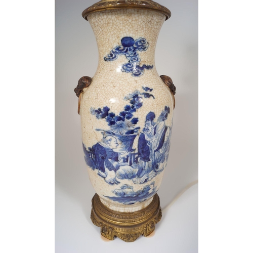 213 - CHINESE BLUE & WHITE CRACKLE GLAZE TABLE LAMP