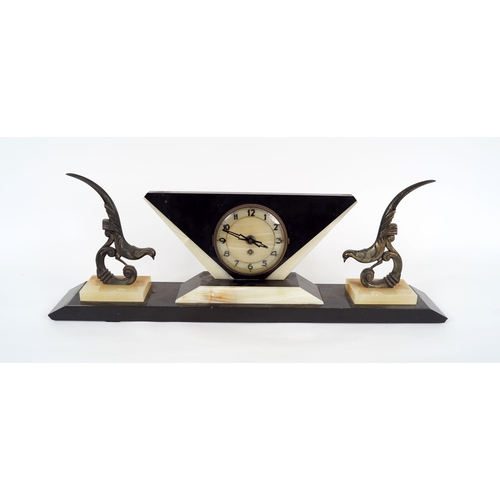 740 - ART DECO ALABASTER & METAL MANTEL CLOCK