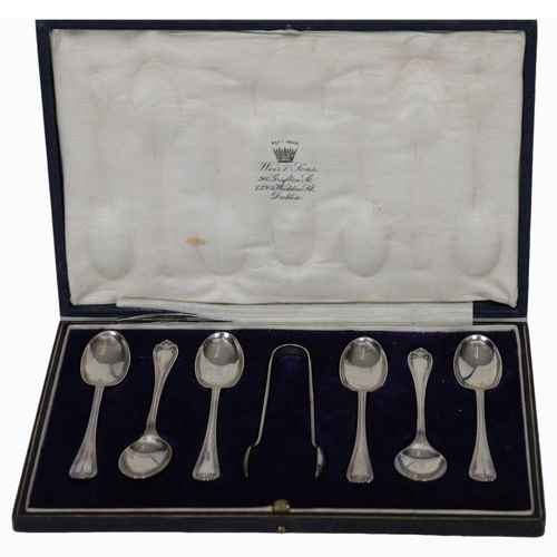 1171 - SET OF 6 SILVER TEASPOONS AND TONGS